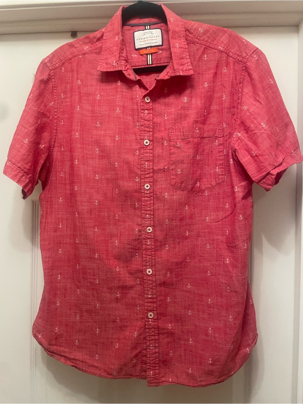Denim & Flower Coral-Red Short Sleeve Button-Up with Anchor Print 100% cotton